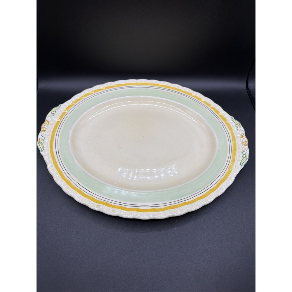 Vintage W.H. Grindley Cream Petal Platter 14.5" Art Deco Green and Yellow Band